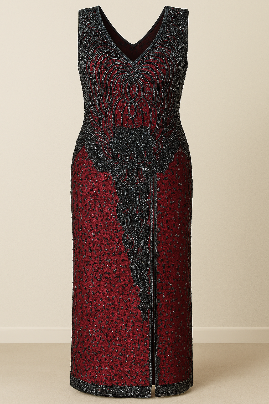 Gilded Noir – Hand-Beaded Maroon & Black Art Deco Gown