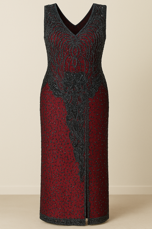 Gilded Noir – Hand-Beaded Maroon & Black Art Deco Gown