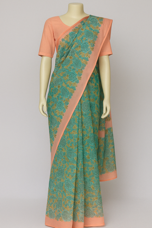 Peach & Aqua Floral Printed Organza Saree
