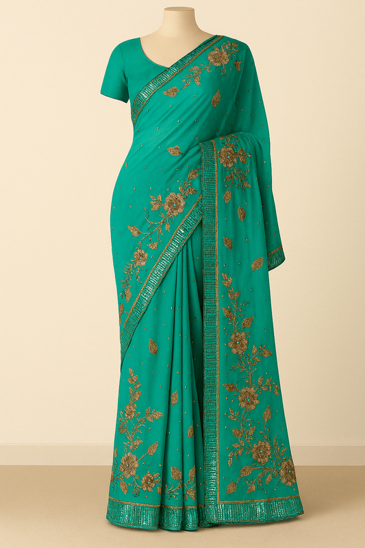 Elegant Turquoise Embroidered Georgette Saree