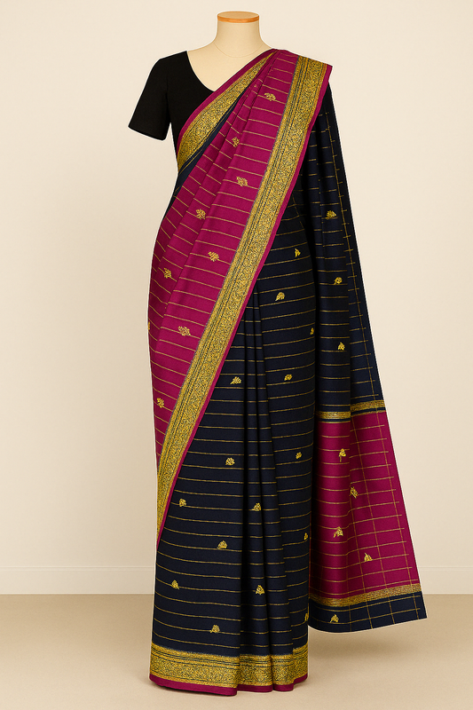 Elegant Navy Blue & Magenta Checked Silk Saree with Zari Border