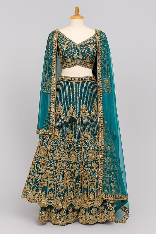 Teal Green Embroidered Lehenga Set with Gold Zari &amp; Net Dupatta