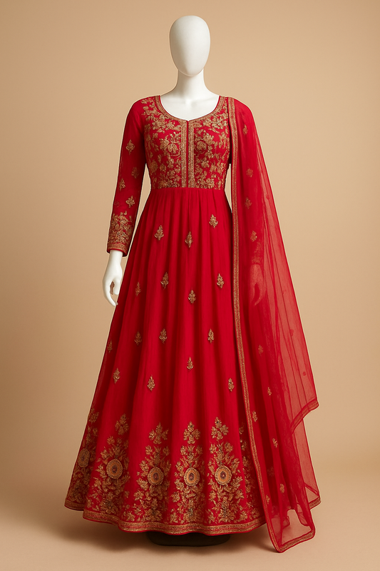 Royal Red Anarkali with Golden Embroidery & Dupatta