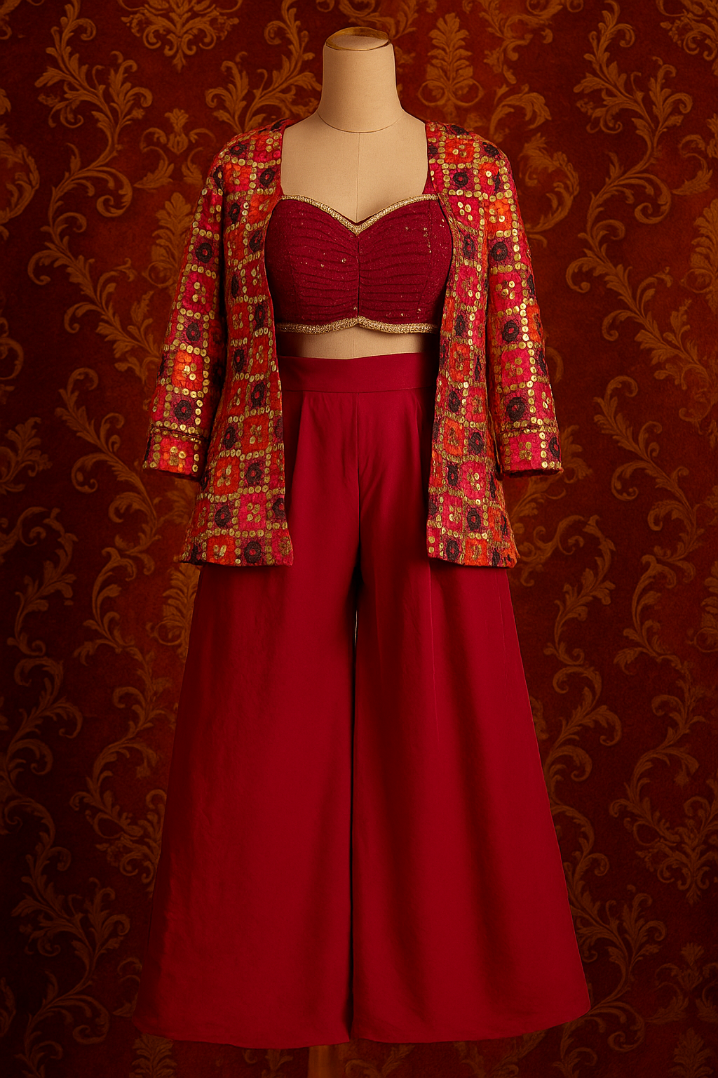 Pink Vibrant Festive Indo-Western Ensemble – Sequin Bustier & Mirrorwork Jacket Set