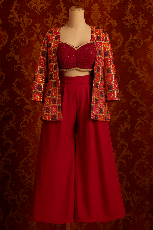 Pink Vibrant Festive Indo-Western Ensemble – Sequin Bustier & Mirrorwork Jacket Set